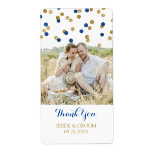Gold Navy Blue Confetti Photo Wedding Étiquettes