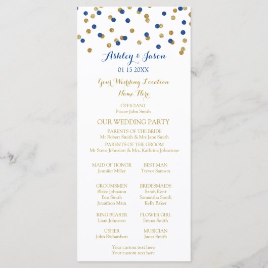 Gold Navy Blue Confetti Programme de mariage (Dos)