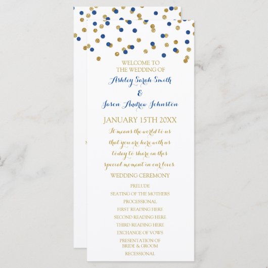 Gold Navy Blue Confetti Programme de mariage (Devant / Derrière)