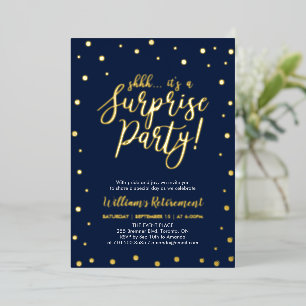 Gold Navy Blue Confetti Surprise Retirement Party Folie Uitnodiging