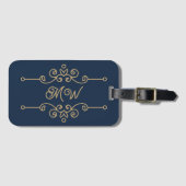 Gold & Navy Blue Elegant Flourish Monogram Bagagelabel (Voorkant (horizontaal))