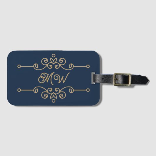  Gold & Navy Blue Elegant Flourish Monogram Bagagelabel (Voorkant (horizontaal))