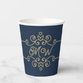 Gold & Navy Blue Elegant Flourish Monogram Papieren Bekers (Voorkant)