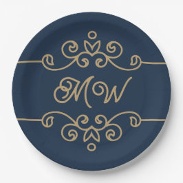 Gold & Navy Blue Elegant Flourish Monogram Papieren Bordje