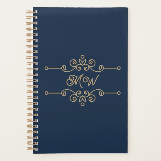 Gold & Navy Blue Elegant Flourish Monogram Planner (Voorkant)