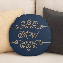  Gold & Navy Blue Elegant Flourish Monogram Rond Kussen