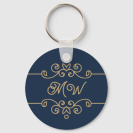  Gold & Navy Blue Elegant Flourish Monogram Sleutelhanger