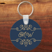  Gold & Navy Blue Elegant Flourish Monogram Sleutelhanger (Achterkant)