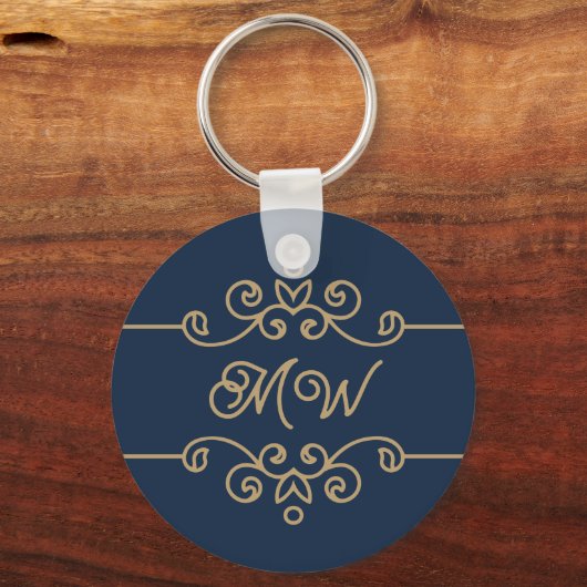  Gold & Navy Blue Elegant Flourish Monogram Sleutelhanger (Voorkant)
