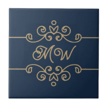  Gold & Navy Blue Elegant Flourish Monogram