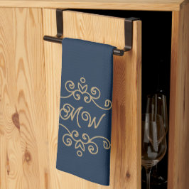  Gold & Navy Blue Elegant Flourish Monogram Theedoek