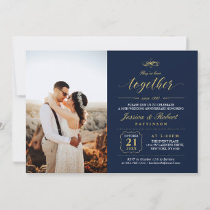 Gold & Navy Blue Elegant Photo Wedding Jubileum Kaart