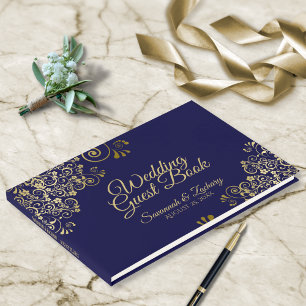 Gold & Navy Blue Frilly Filigree Elegant Weddensch Gastenboek