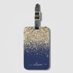 Gold Navy Blue Girly Glitter Sparkle Monogram Naam Bagagelabel