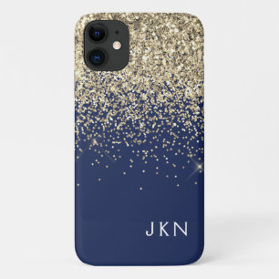 Gold Navy Blue Girly Glitter Sparkle Monogram Naam iPhone 11 Hoesje