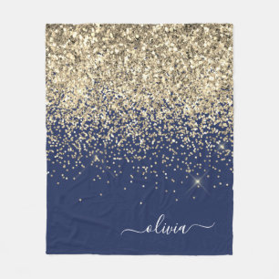 Gold Navy Blue Girly Glitter Sparkle Monogram Naam Fleece Deken