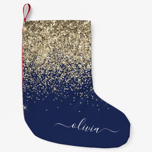 Gold Navy Blue Girly Glitter Sparkle Monogram Naam Kleine Kerstsok (Voorkant)