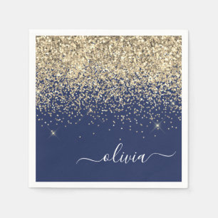 Gold Navy Blue Girly Glitter Sparkle Monogram Naam Servet