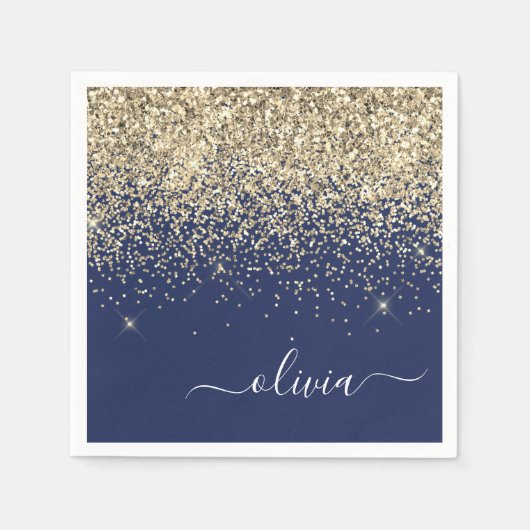 Gold Navy Blue Girly Glitter Sparkle Monogram Naam Servet (Voorkant)