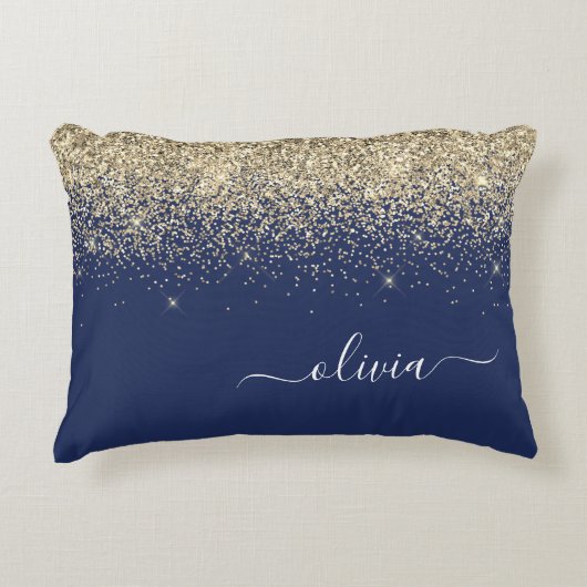Gold Navy Blue Glitter Script Monogram Girly Name Accent Kussen (Voorkant)