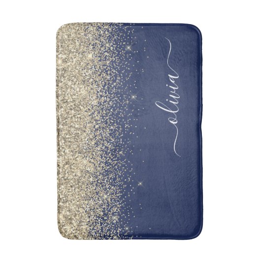 Gold Navy Blue Glitter Script Monogram Girly Name Badmat (Voorkant Verticaal)