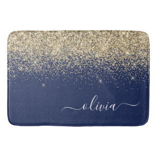 Gold Navy Blue Glitter Script Monogram Girly Name Badmat
