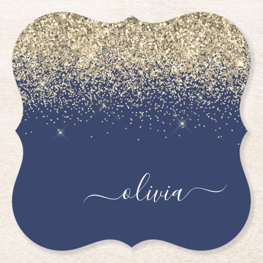 Gold Navy Blue Glitter Script Monogram Girly Name Kartonnen Onderzetters (Voorkant)