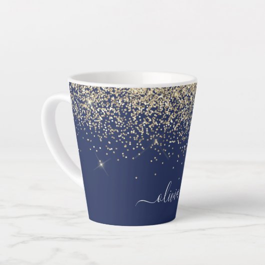 Gold Navy Blue Glitter Script Monogram Girly Name Latte Mok (Linkerhoek)