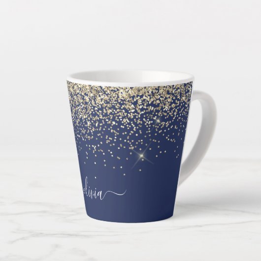 Gold Navy Blue Glitter Script Monogram Girly Name Latte Mok (Rechterhoek)