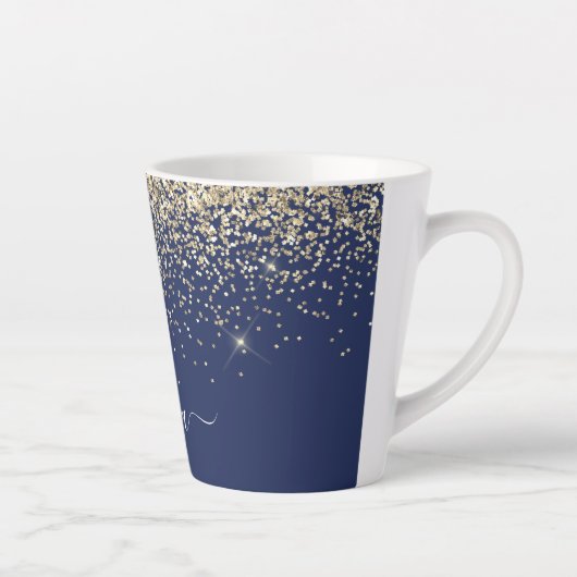 Gold Navy Blue Glitter Script Monogram Girly Name Latte Mok (Rechts)
