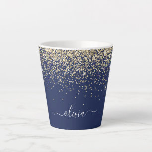 Gold Navy Blue Glitter Script Monogram Girly Name Latte Mok