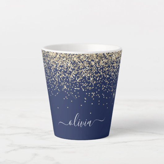 Gold Navy Blue Glitter Script Monogram Girly Name Latte Mok (Voorkant)