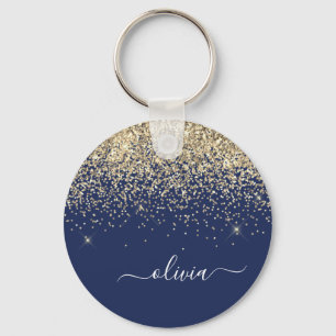 Gold Navy Blue Glitter Script Monogram Girly Name Sleutelhanger