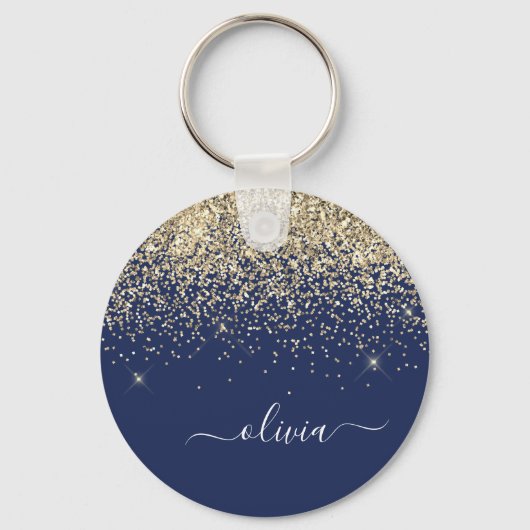 Gold Navy Blue Glitter Script Monogram Girly Name Sleutelhanger (Voorkant)