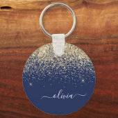 Gold Navy Blue Glitter Script Monogram Girly Name Sleutelhanger (Voorkant)