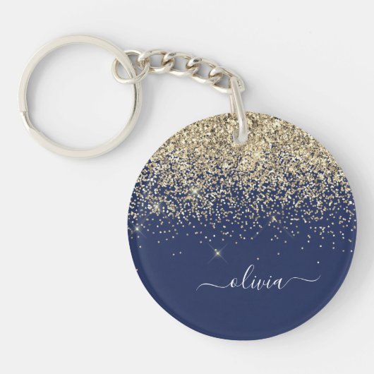 Gold Navy Blue Glitter Script Monogram Girly Name Sleutelhanger (Voorkant)