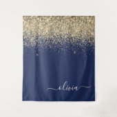 Gold Navy Blue Glitter Script Monogram Girly Name Wandkleed (Voorkant)