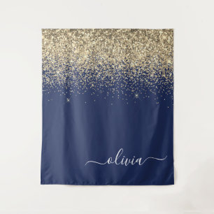 Gold Navy Blue Glitter Script Monogram Girly Name Wandkleed