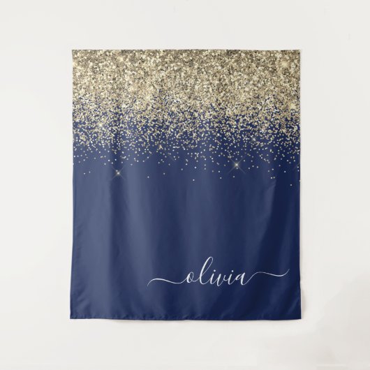 Gold Navy Blue Glitter Script Monogram Girly Name Wandkleed (Voorkant)