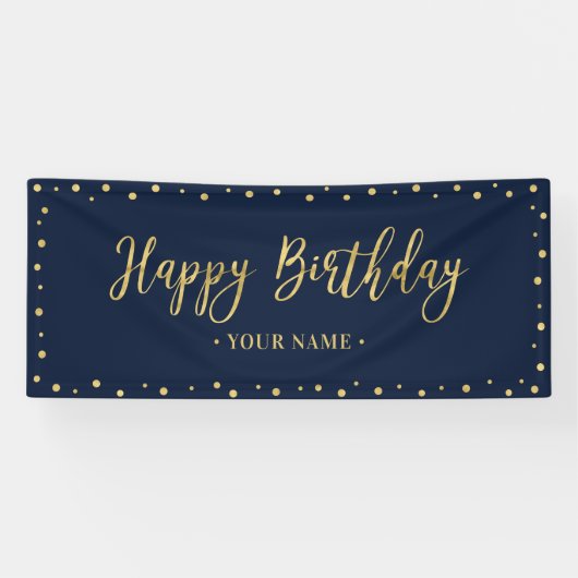 Gold & Navy Blue Happy Birthday Party-banner Spandoek (Horizontaal)