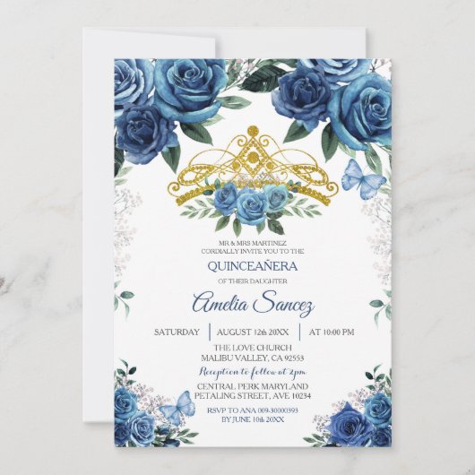 Gold & Navy Blue Mexican Mis Quince Invitation (Devant)