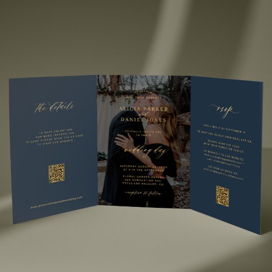 Gold navy blue photo wedding RSVP details QR code Drieluik Uitnodiging