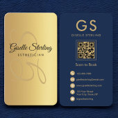 Gold Navy Blue QR Code Esthetician Monogram Visitekaartje