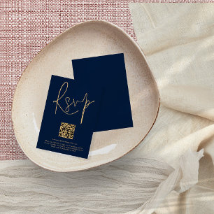 Gold Navy Blue Script Qr Code Mariage Carte RSVP