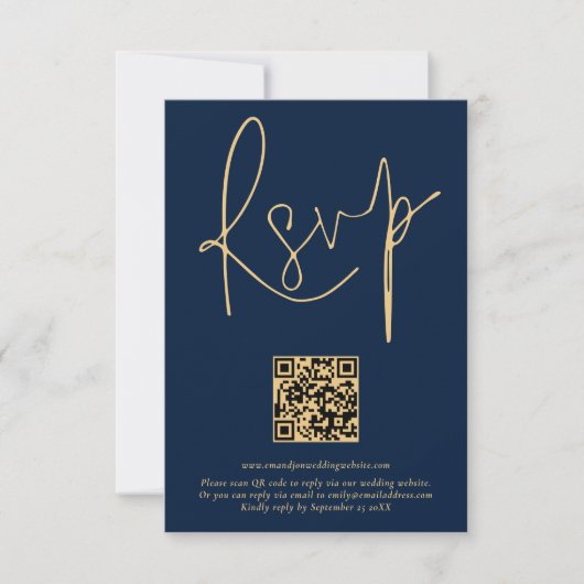 Gold Navy Blue Script Qr Code Mariage Carte RSVP (Devant)
