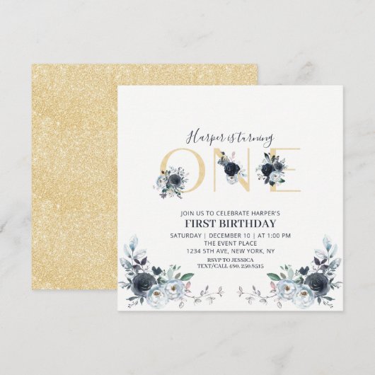 Gold & Navy Boho Floral 1st Birthday Square Kaart (Voorkant / Achterkant)