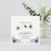 Gold & Navy Boho Floral 1st Birthday Square Kaart (Staand voorkant)