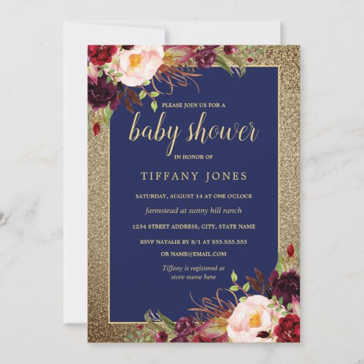 Gold Navy Bourgogne Floral Baby shower Invitation (Devant)