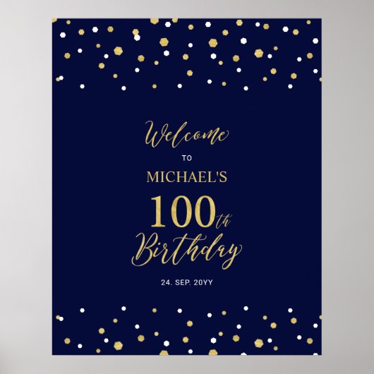 Gold & Navy Confetti 100th Birthday Party Welcome Poster (Voorkant)