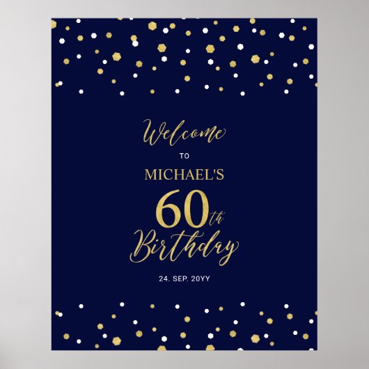 Gold & Navy Confetti 60th Birthday Party Welcome Poster (Voorkant)